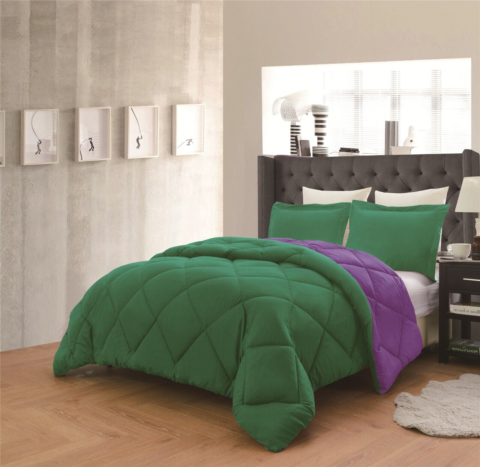 Reversible Comforter and Pillow Shams 3-Piece Set In All Colors - Down Alternative