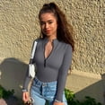 thumbnail image 2 of Women's 2 Piece Bodysuits Sexy Ribbed One Piece Zip Front Long Sleeve Tops Bodysuits, 2 of 6