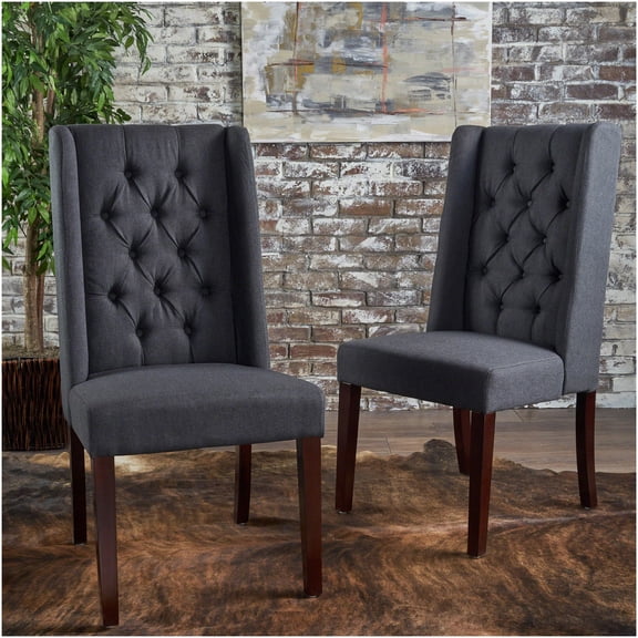 Charcoal Modern Upholstered Dining Chairs Set of 2, Button Tufted Wingback Side Chairs with Birch Wood Legs for Kitchen, Dining Room