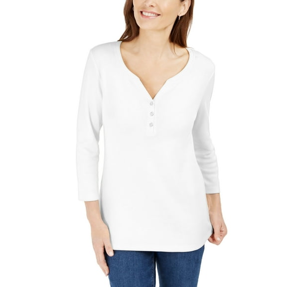 Cotton Henley V-Neck Top Bright White XL