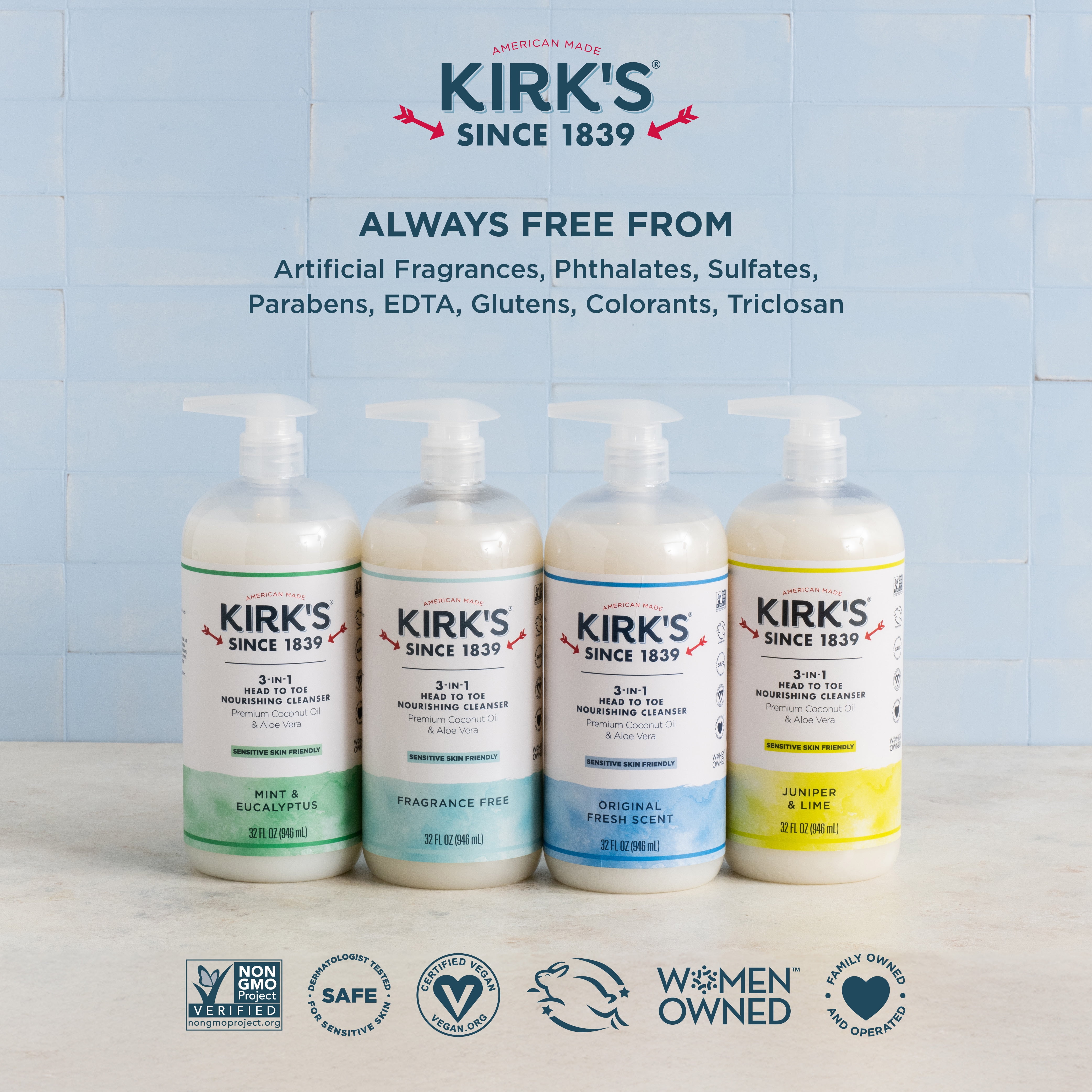 Kirk's 3-in-1 Cleanser - Made With Coconut Oil & Aloe Vera, Original Fresh Scent, 32 Fl Oz