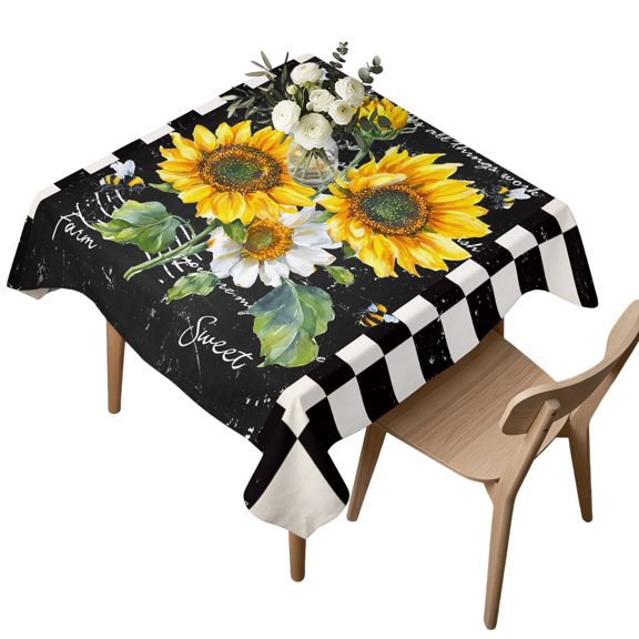 Waterproof Tablecloth Farm Sunflower Plant Bee Square Table Cloth 54x54in,Wipeable Washable Table Cover Black and White Checker Tablecloths for Dining Tables Kitchen Picnic Camping Outdoor Party