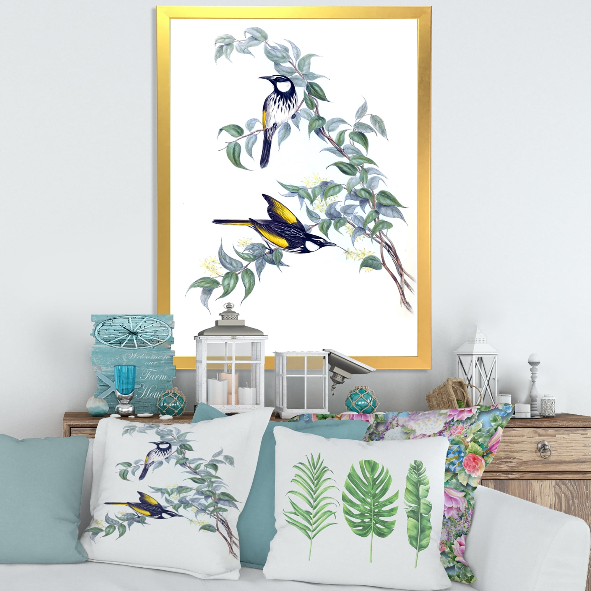 Designart 'Ancient Australian Birds On A Branch' Traditional Framed Art Print