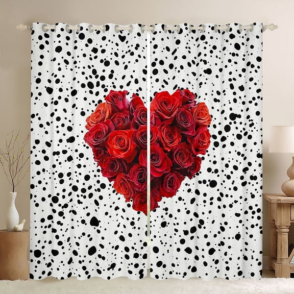 Homewish Romantic Love Heart Black Out Curtains, Red Rose Floral Curtains Pack of 2 (42x63 Each), Fashion Polkadots Abstract Bedroom Curtains, Curtains and Drapes Bedroom Decor