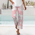 thumbnail image 6 of Boho Beach Pants for Women Casual Floral Print Elastic Waist Wide Straight Leg Loose Linen Cropped Pants with Pockets, 6 of 7