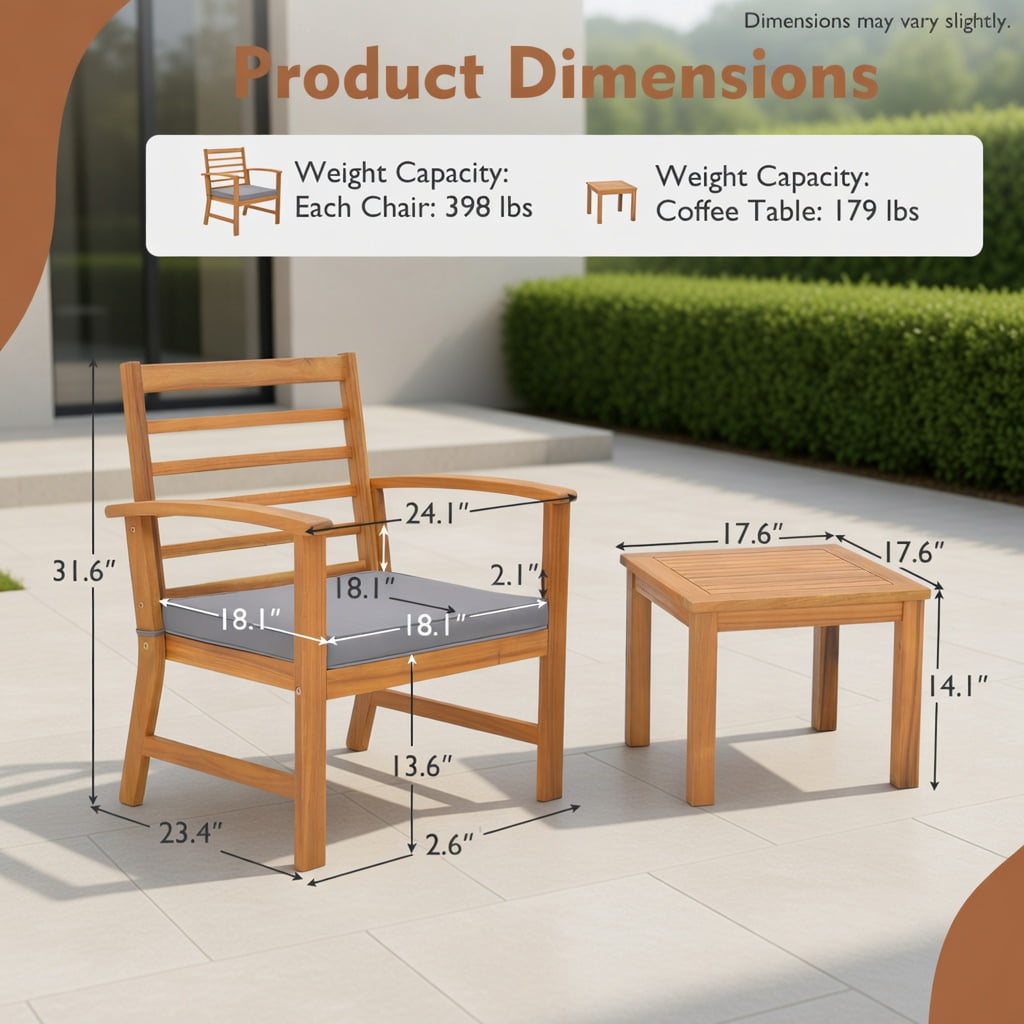 Hommoo 3-Piece Acacia Wood Outdoor Patio Furniture Set with Cushions, Durable Backyard Seating for Porch, Poolside & Deck, Gray