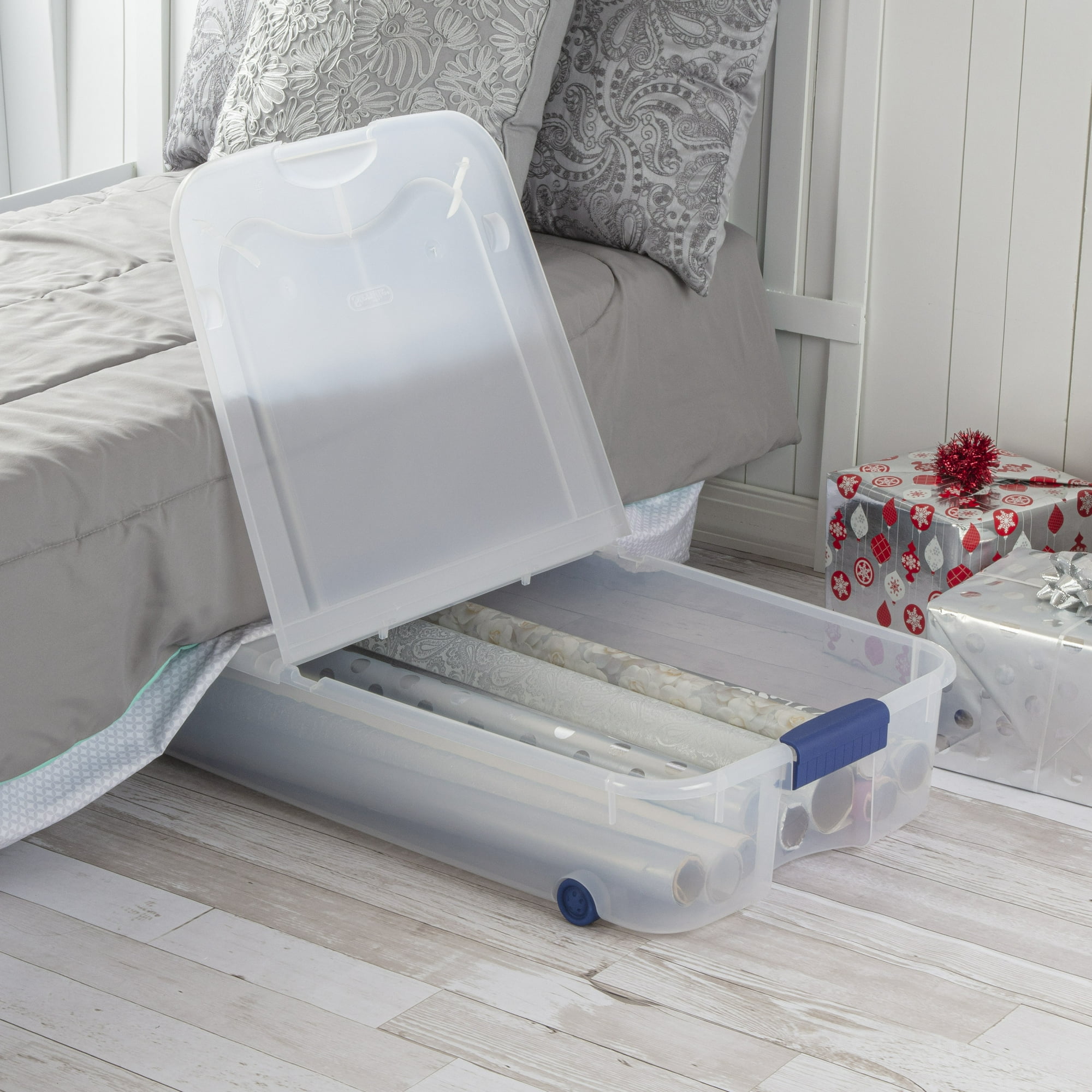 Sterilite Latching Wheeled Storage Bin, 66 Quart Clear Underbed Storage Container with Latch Lid, Blue, 4 Pack