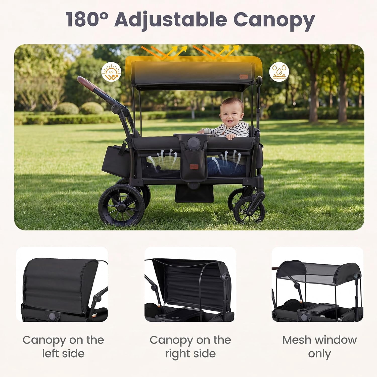 INFANS Wagon Stroller for 2 Kids, Foldable Wagon Cart with Adjustable Handle Pull Bar, Removable Canopy, Footwell, Snack Tray, Harnesses for Infants Toddlers 6-36 Months