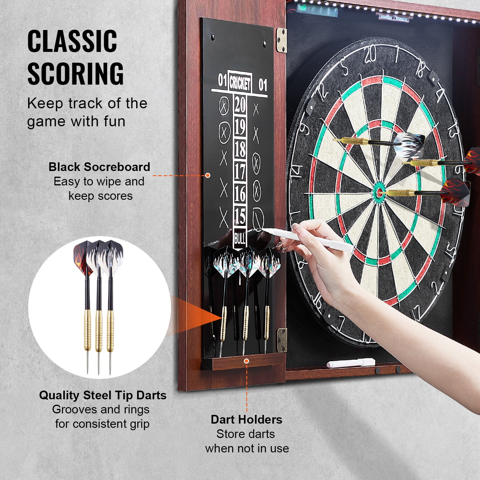 KFFKFF Dartboard with Cabinet Kit, Prepped Bundle of Official Dimension Dartboard Cabinet, Steel Point Dart Concealment Cabinet, Equipped with LED Illumination, Simple Set-Up