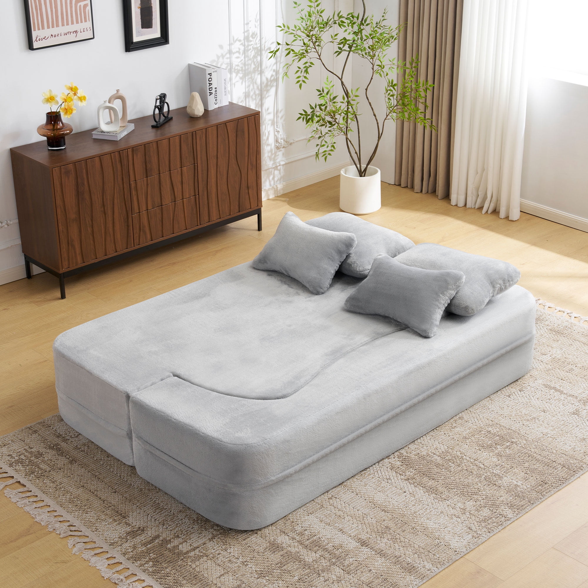 Queen Size Light Grey Floor Sofa with 4 Pillows, Plush Fabric Futon Sofa Couch, High-Density Foam Folding Mattress for Living Room,Guest, Bedroom,No Assembly Required