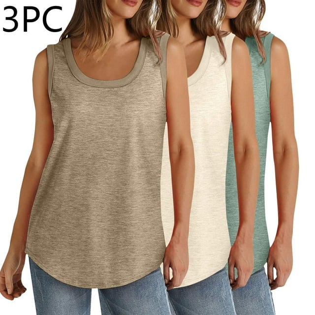 BVOFAR Womens Trendy Loose Fit Tank Tops Flowy Curved Hem Sleeveless Shirts Crew Neck Summer Casual Tanks Plus Size Solid Color Tops 3 Pcs