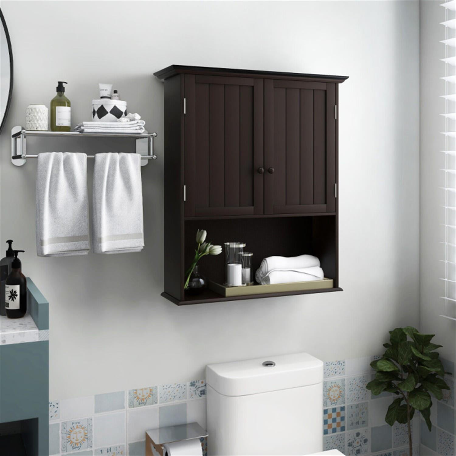 Demi Bonn Wall Mounted Bathroom Cabinet, Medicine Cabinet, 2-Door Wall Mount Bathroom Storage Cabinet with Open Shelf for Kitchen, Entryway, Bathroom, Brown