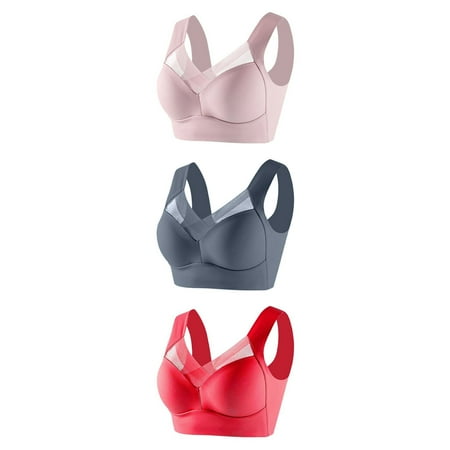 GERsome Wireless Bras for Women Pack of 3 Assorted Color Seamless Full Coverage Comfortable Soft V Neck No Underwire Support Push Up Everyday Bra 3pcs-Pink/Gray/Red XXXL