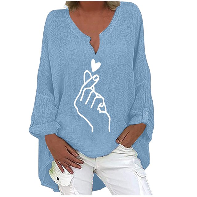 Camiseta suelta estampada a la moda para mujer Blusa de manga larga con cuello en V Tops casuales Pompotops FGAJ3882
