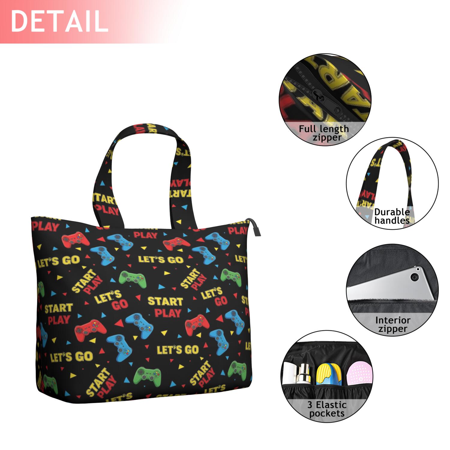 Multicolor Controllers Games Text Black Pattern Travel Tote Bags for Women Carry On,Large Weekender Bags for Women Travel,Multi Functional Duffle Bag for Work,Shopping,Sports