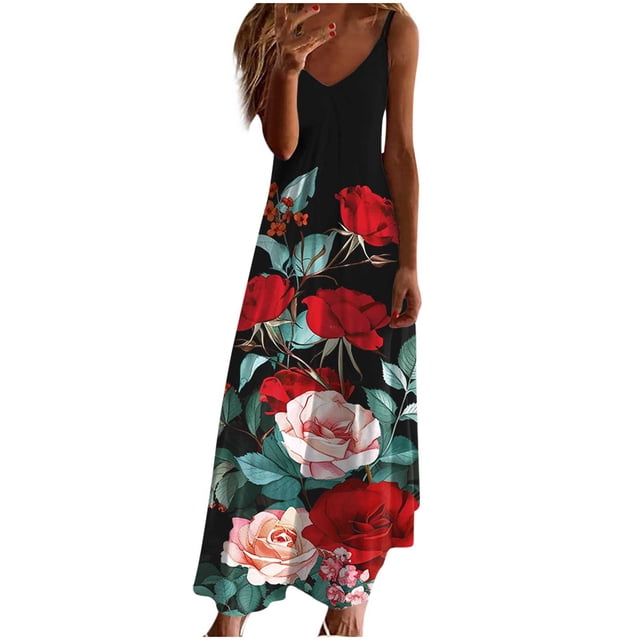 Pisexur Robe d'Été de Plage pour Femmes Florale Col en V Nouée devant Bretelles Spaghetti Robe Longue Fluide Boho Maxi Robe S-3TG