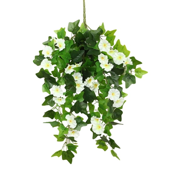 DefiDgd Faux Hanging Flowers for Outdoors,UV Resistant Fake Plastic Morning Glories Shrub Plants for Outdoor Planters Front Door Porch Patio Yard Decor(White)