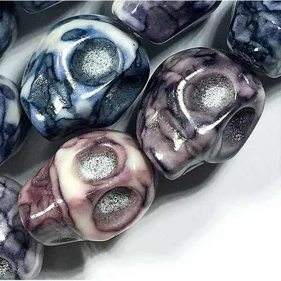 U8MO 13mm Black White Rain Stone Skull Loose Beads 16"