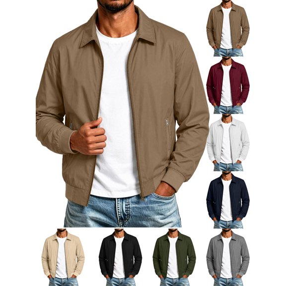 Mens Lightweight Jackets Windproof Long Sleeve Turndown Collar Solid Color Casual Zip-up Jacket Windproof Coat for Outdoor Sport Work Travel