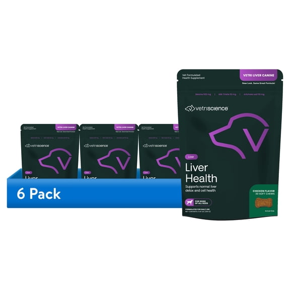 (6 pack) VetriScience Liver Support Supplement Chews for Dogs, Chicken Flavor, 30 Count Bag