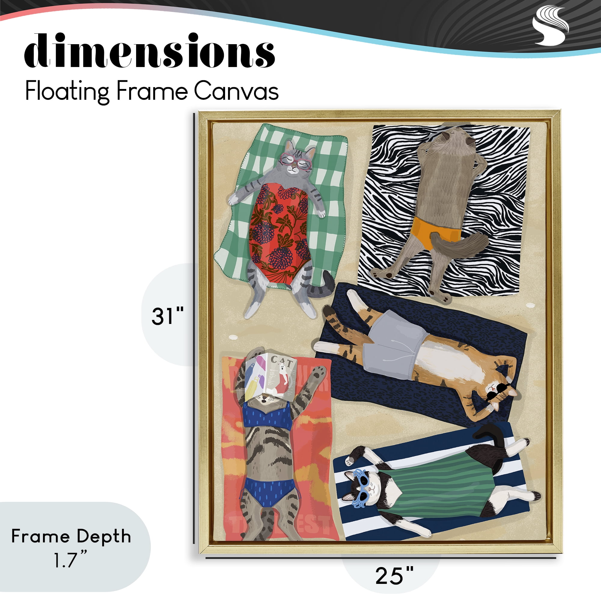 Stupell Industries Summer Sunbathing Cats Gold Framed Floater Canvas Wall Art, design by Hanna Melin