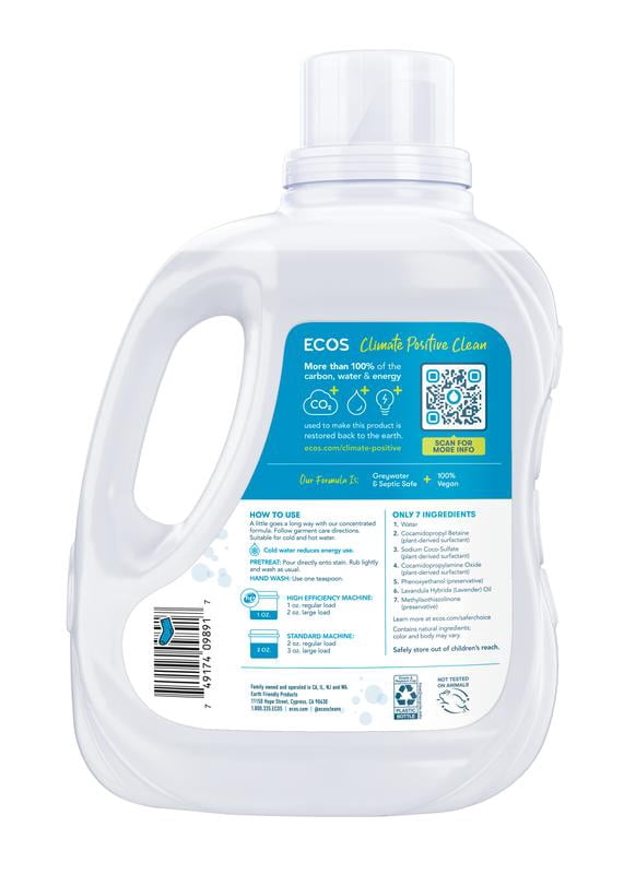 ECOS Hypoallergenic Liquid Laundry Detergent for Sensitive Skin, Lavender, 100 Loads, 100oz