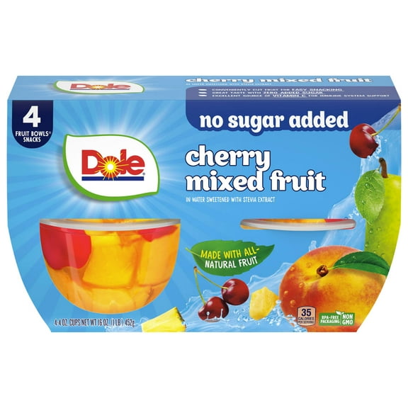Dole Fruit Bowls No Sugar Added Cherry Mixed Fruit in Water, 4 oz Cups (4 Pack)
