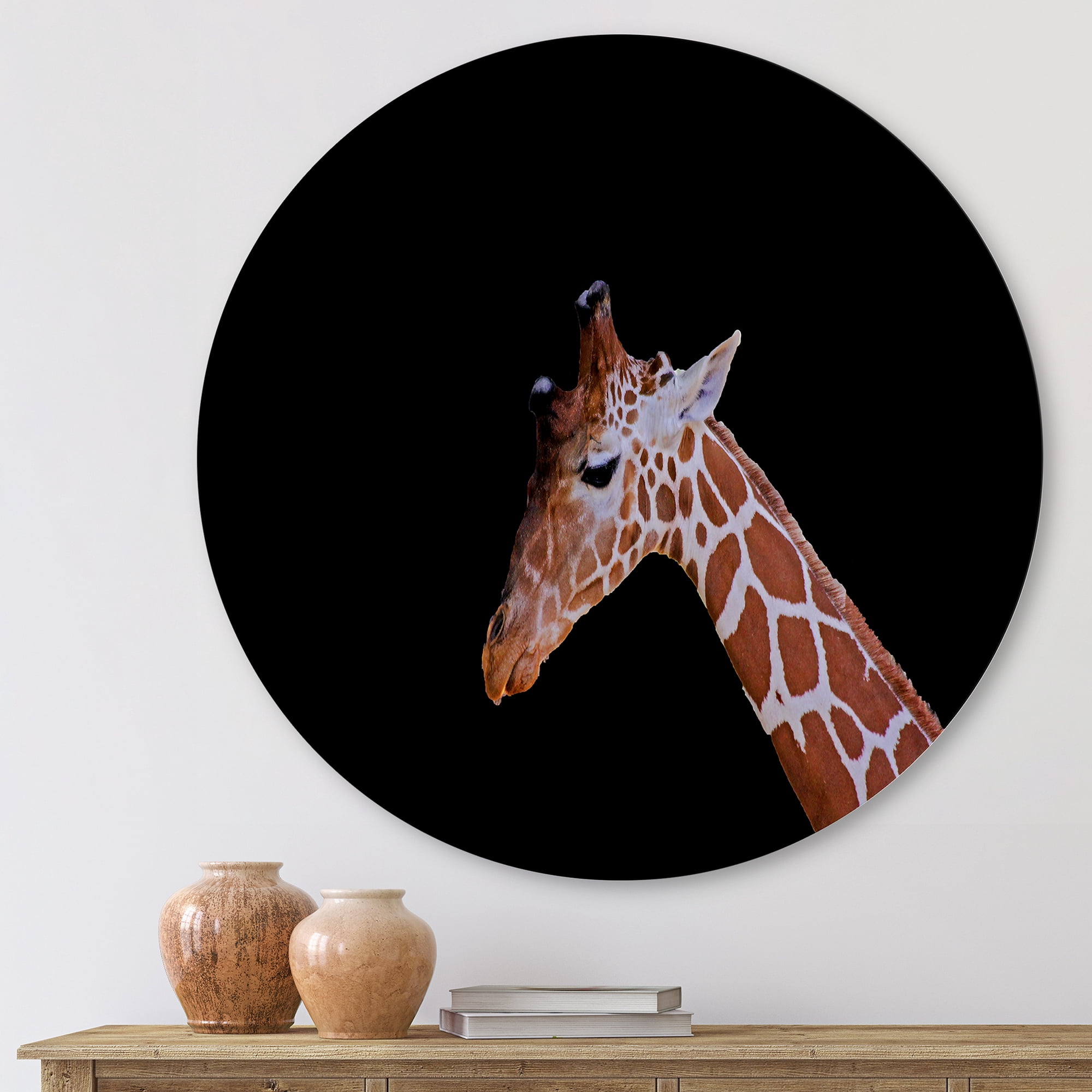 Designart 'Portrait of A Giraffe On Black Background I' Farmhouse Circle Metal Wall Art 11x11 - Disc of 11
