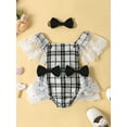 thumbnail image 2 of Coduop Baby Girls Princess Rompers,Newborn Lace Spliced Plaided Bodysuit Jumpsuit,with Headband, 2 of 9