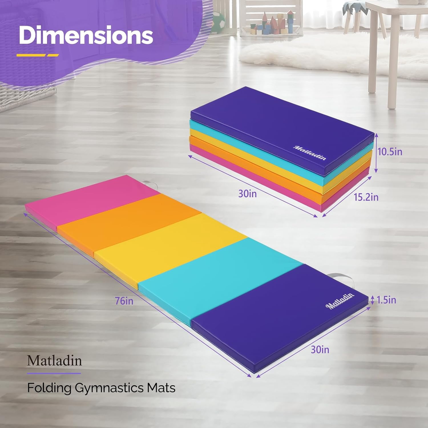 Matladin 1.5" Thick 5-Folding Gymnastics Mat, 6.3'x2.5', Multi-Color Exercise Mat with Handles