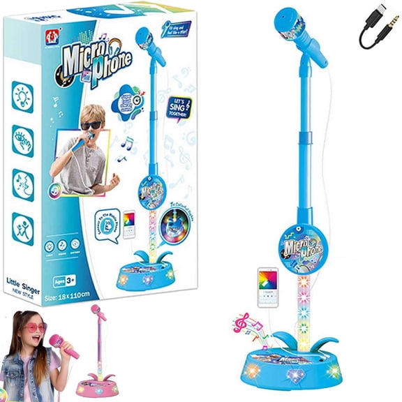 Kids Karaoke Microphone with Stand, Light Up Music Singing Machine Toy, for Kids Karaoke Machine Toy with 43.3" Adjustable Stand, 7 Light Up Speaker Base & Phone Connection Cable for Boys Girls