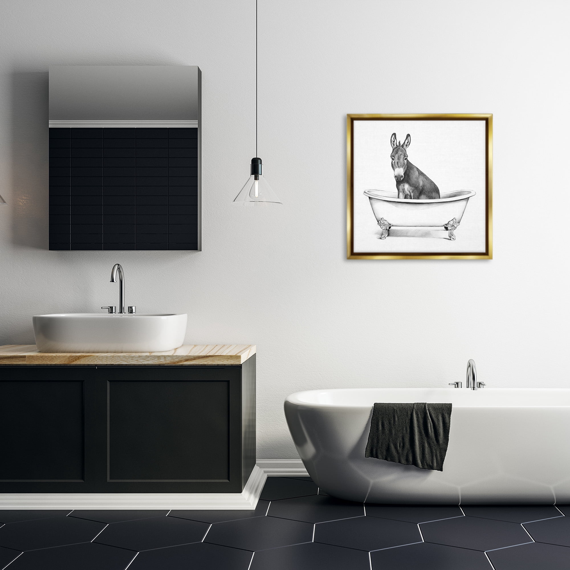 Stupell Industries Donkey in Bathtub Sketch Animals & Insects Drawing Gold Floater Framed Canvas Art Print Wall Art, 25 x 25