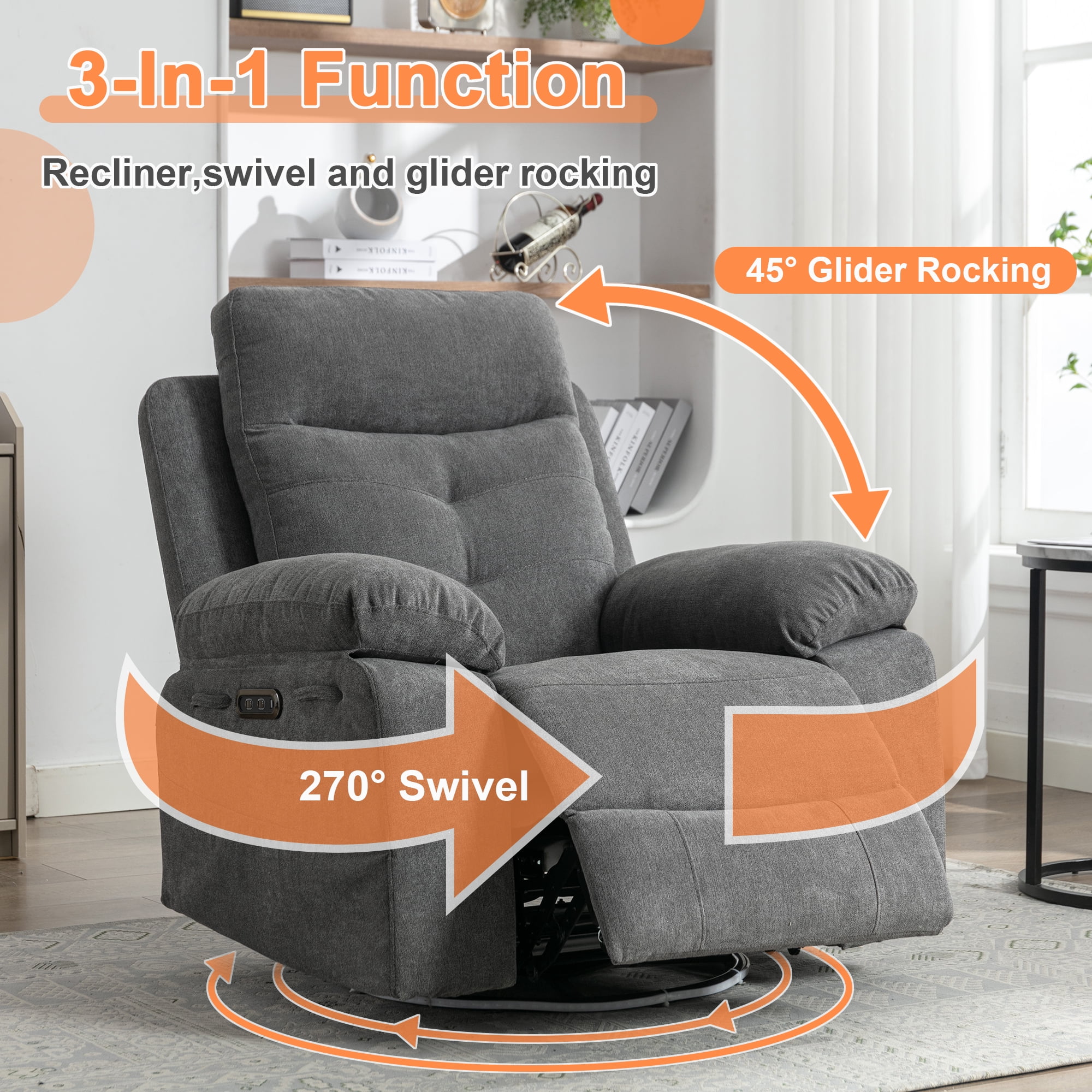 Power Recliner Chair with Bluetooth Speakers & 270° Swivel, Ergonomic Reclining Sofa w/ LED Lights, USB + Type-C Ports, Pockets for Back Pain Relief, Ideal for Elderly & Adults, Reading Bedroom, Grey
