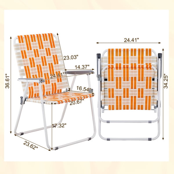 Set of 2 Webbed Folding Beach Chairs, Outdoor Patio Lawn Foldable Chairs for Camping Fishing Yard Poolside BBQ, Orange & White