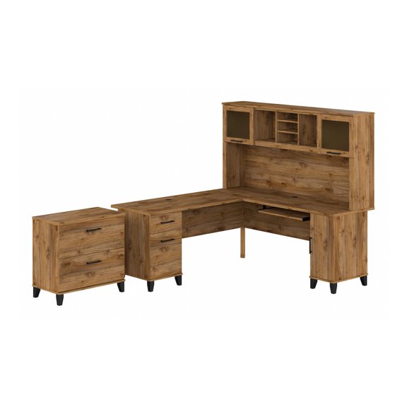 Somerset 72W L Desk with Hutch & File Cabinet in Fresh Walnut - Engineered Wood