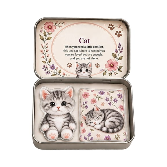 Pocket Hug Commemorative Tin Box Cat Keepsake, Portable Acrylic Cat Token with Fabric Pillow, Cute Animal Comfort Keepsake for Graduation Thanksgiving