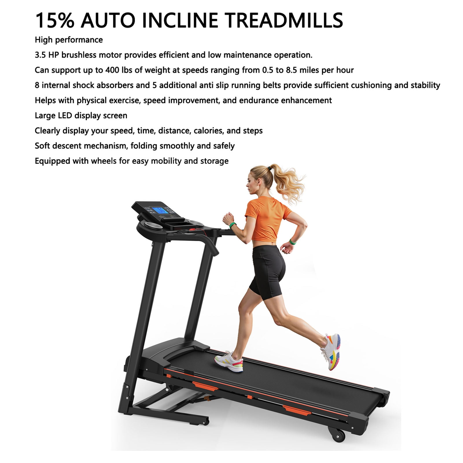 Auto Incline Folding Treadmill 3.25hp Heavy Duty Treadmill 15% Auto Incline Treadmills 400LBS Heavy Duty Capacity 3.25HP Folding Electric Treadmill Up To 8.5 MPH Speed For Home