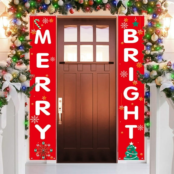 Christmas Decorations Banner - Red Merry Bright Porch Sign w/ Hanging Rod and String for Outdoor Indoor - Large Size Xmas Decor Banners for Front Door, Wall Decorations, Holiday Party Decor