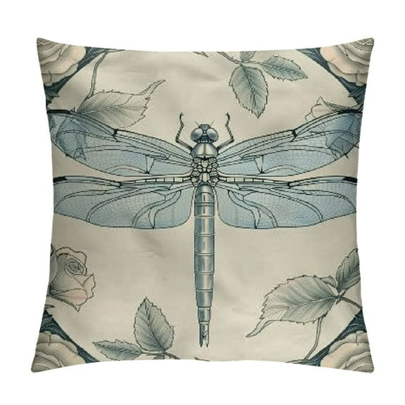 Dragonfly Pillow Sham, Hand Drawn Royal Style Rose Petals Leaves and Ornate Design, Decorative Standard Size Printed Pillowcase,0", Black Light Blue