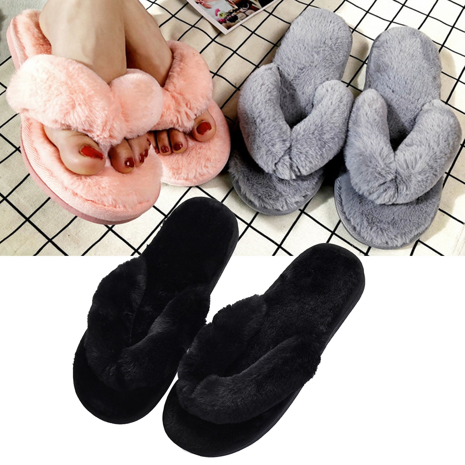 Aerusi Winter Women Indoor Slippers Faux Fur Slip On Flip Flops Soft Warm Shoes 