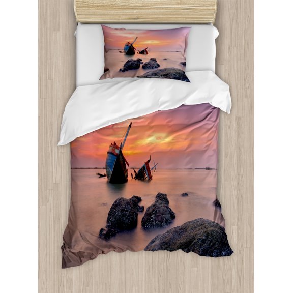 Ocean Decor Twin Size Duvet Cover Set, Sunken Aground Boat Vessel in Foggy Water before Exquisite Sky at Sunset Image, Decorative 2 Piece Bedding Set with 1 Pillow Sham, Orange Grey, by Ambesonne