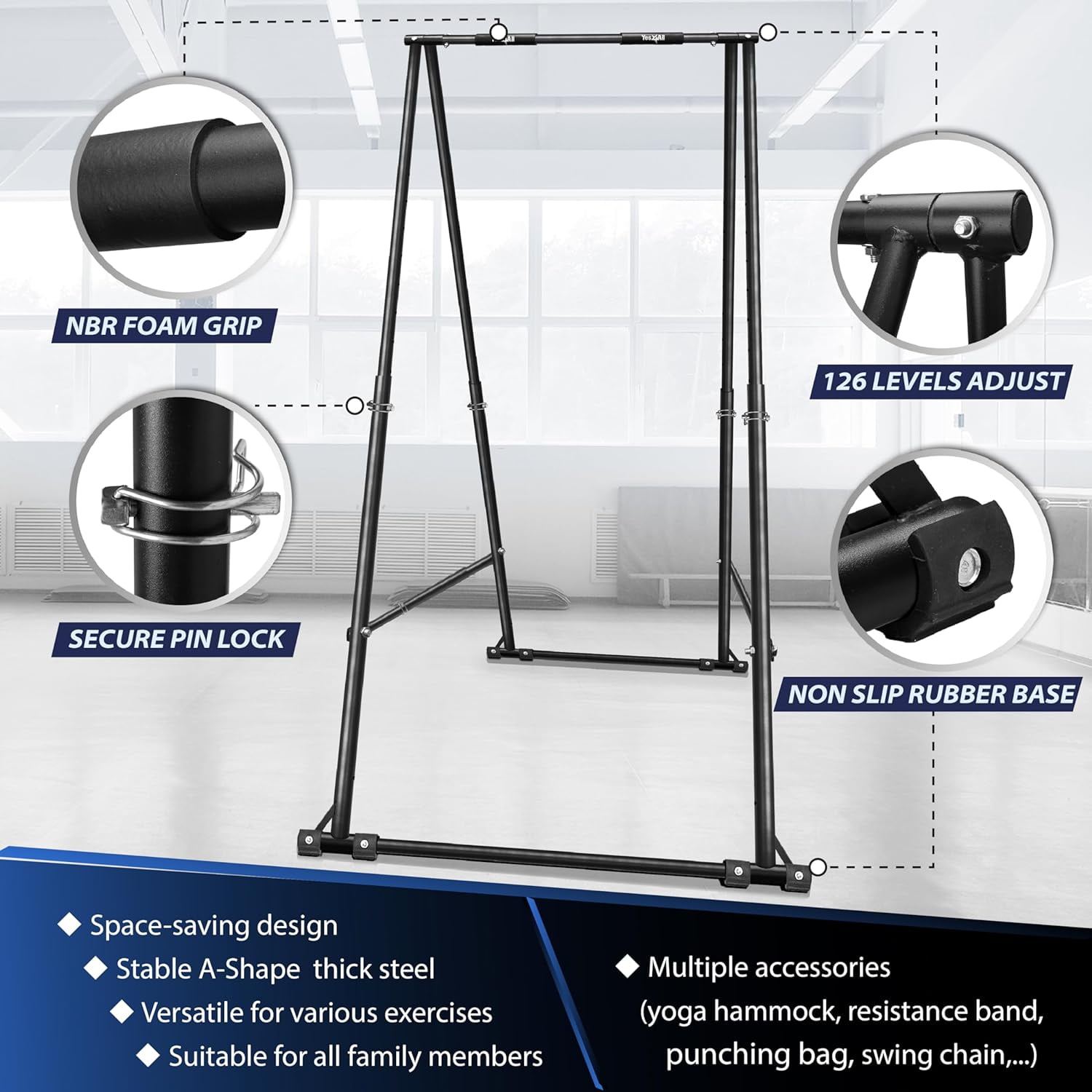 Yes4All 126 Levels Adjustable Free Standing Pull Up & Chin Up Bar Non Slip Rubber Feet