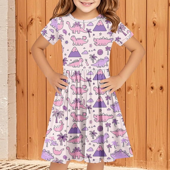 4-14 Years Girls Dresses Kids 3D Print Dress Casual Short Sleeve for Princess Summer A-line Party Dresses Pink 13-14 Years