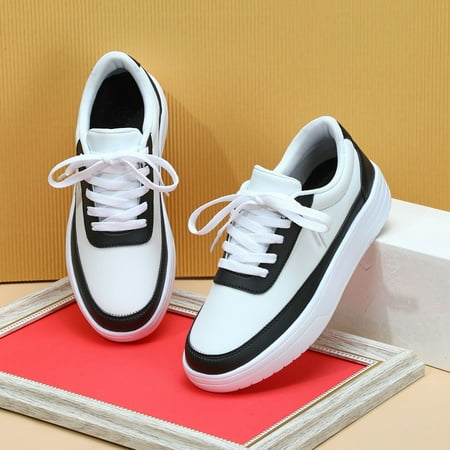 

XDDST Large Size Casual Sneakers for Women Flat Couples Fashion Leather Thick Soled Lace Up Sneakers Outdoor Casual Comfortable Board Shoes Black