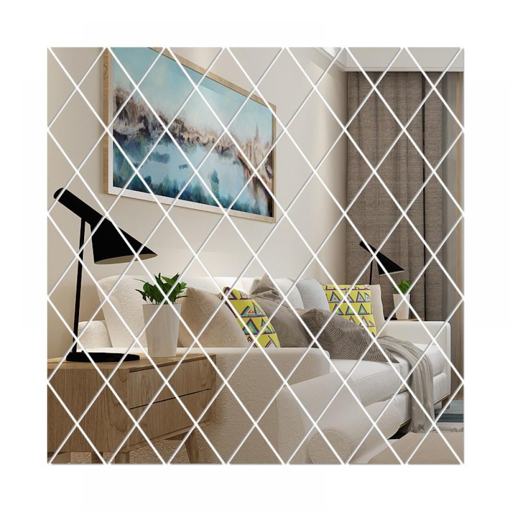 Mirror Wall Sticker,Rhombus Acrylic 3D Wall Stickers Set,32 Pcs DIY Removable Mirrors Wall Tiles,Mirror for Background Decoration with Self-Adhesive Non Glass. Silver 32Pcs 