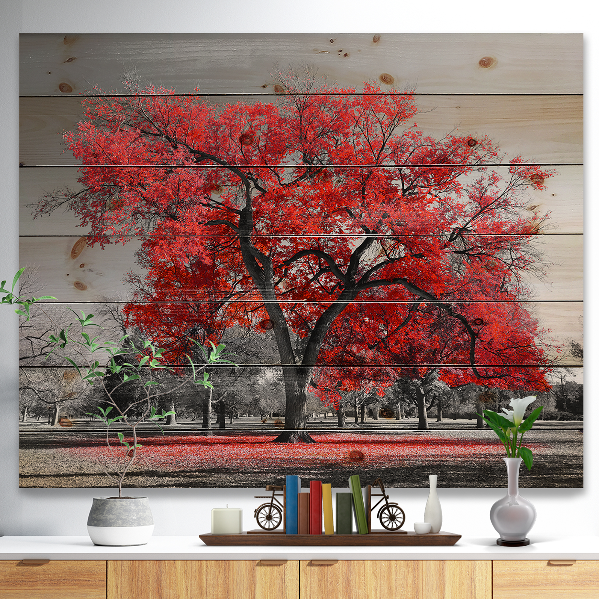 Designart 'Big Red Tree on Foggy Day ' Landscape Print on Natural Pine Wood