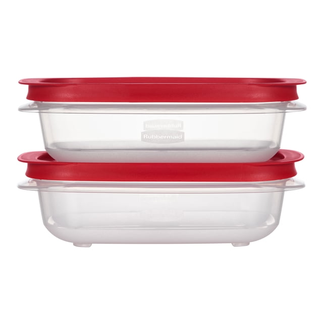 Stacked set of two clear Rubbermaid EasyStore 3.57-cup rectangular food storage containers with red lids.