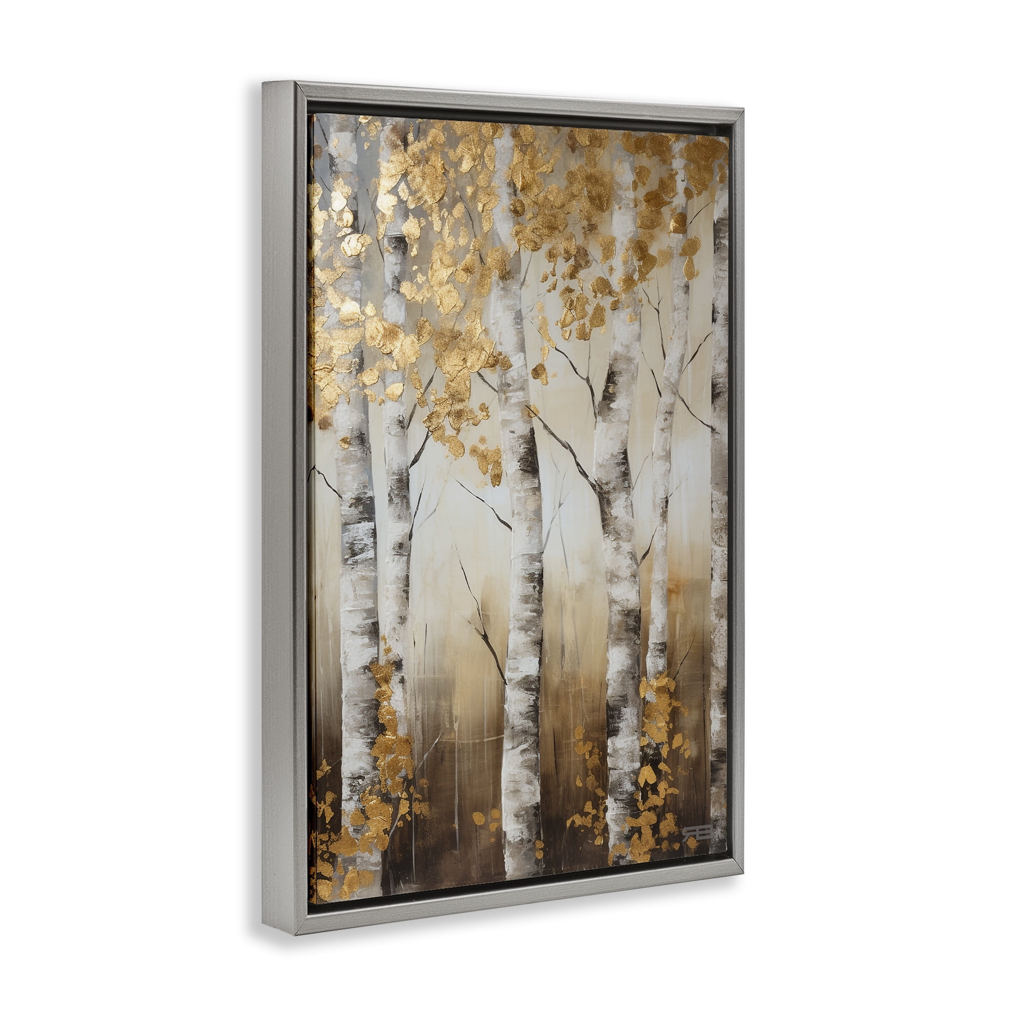 Stupell Industries Fall Foliage Birch Landscape Painting Gray Floater Framed Art Print Wall Art, 17 x 25