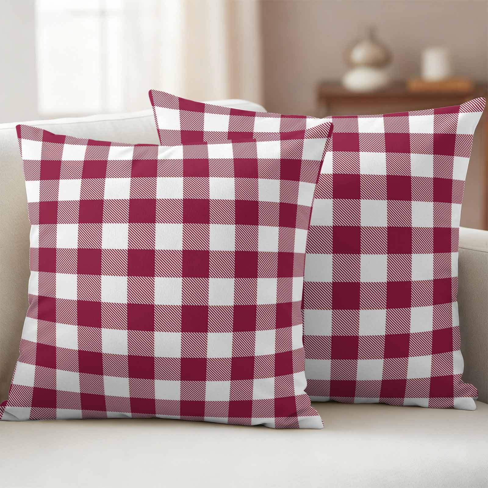 Outdoor Pillow Covers Wine Red and White Plaid Waterproof Pillow Cases 18x18 Set of 2, Modern Rustic Throw Pillow Cover Pillowcase for Patio Balcony Couch Garden