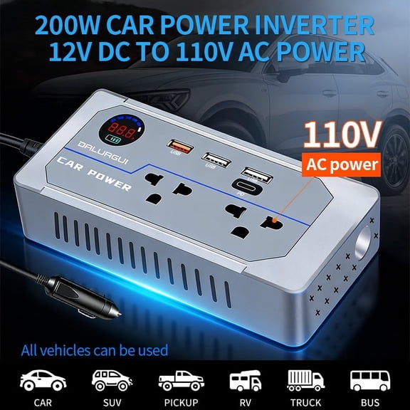 DALUAGUI 200W Power Inverter 12V DC to 110V AC Car Charger Plug Adapter 2AC Outlets   4USB Charger for Phone, Laptop on Road Trip, Home, Camping Black Modified Sine Wave Inverter
